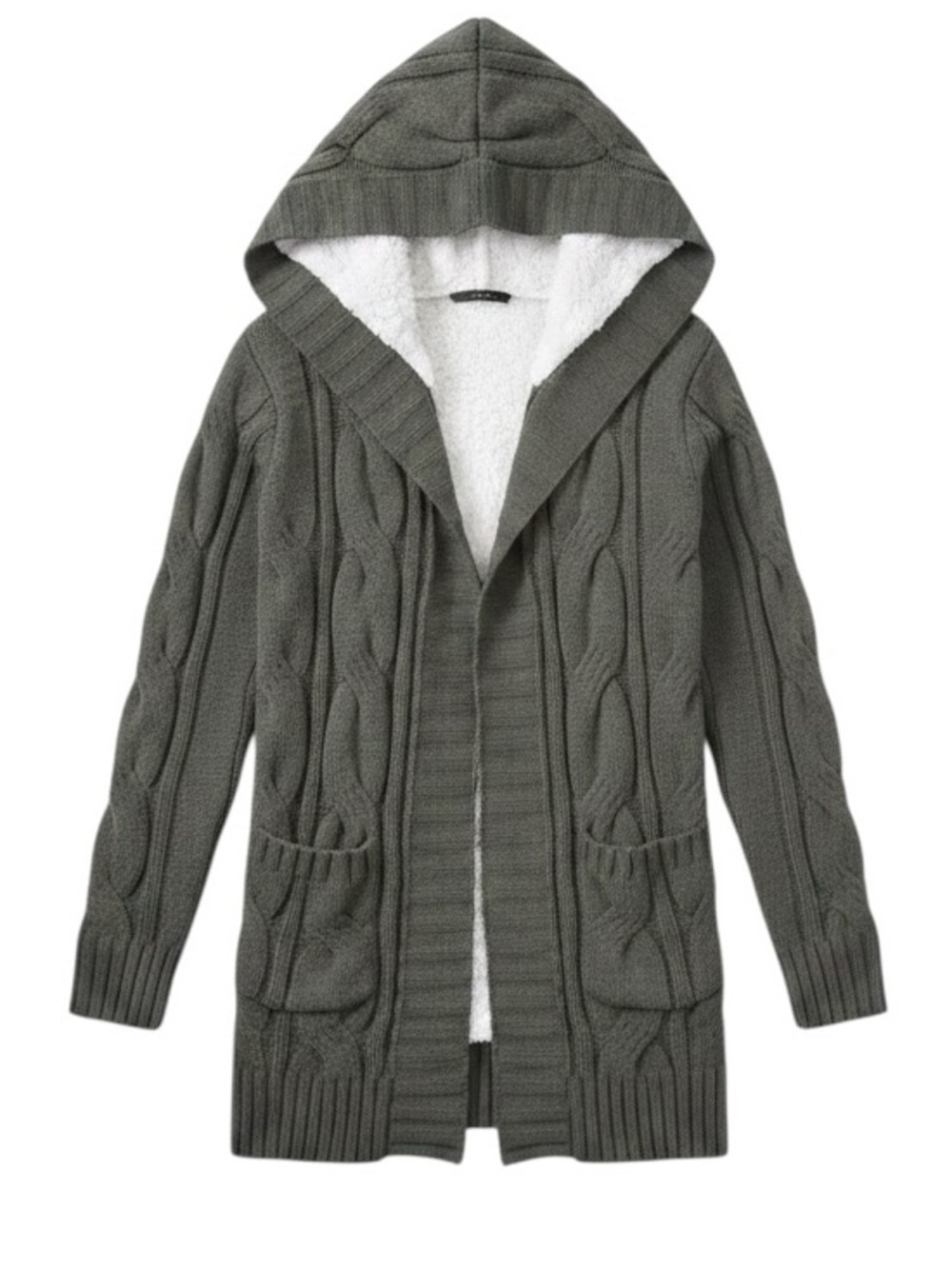 NWT Madden Girl Olive Cable-Knit Sherpa Hooded Cardigan, Juniors, Green hoodie